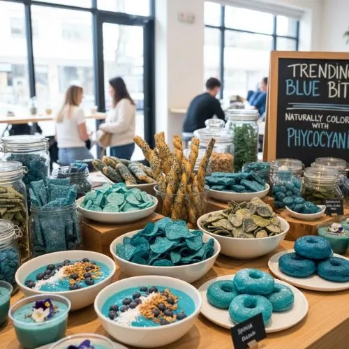 Trending snacks colored with phycocyanin Trending snacks colored with phycocyanin