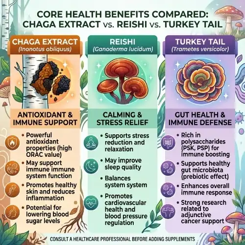 Core Health Benefits Compared Chaga Extract vs. Reishi vs. Turkey Tail Core Health Benefits Compared Chaga Extract vs. Reishi vs. Turkey Tail