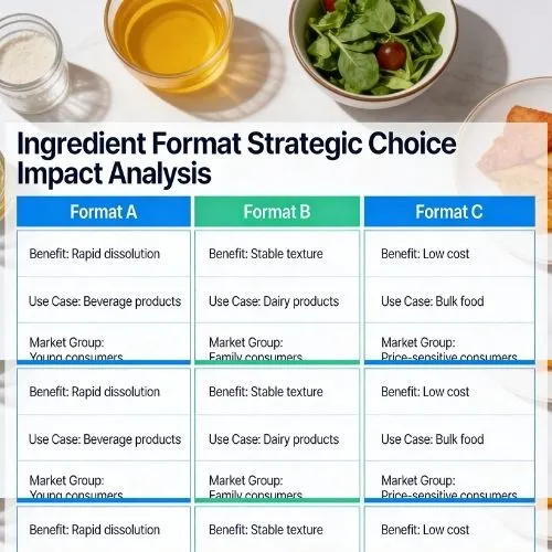 When product developers add this ingredient, they can do so in a number of different formats. Each has its own benefits for different uses and market groups. Strategic choice has a direct effect o