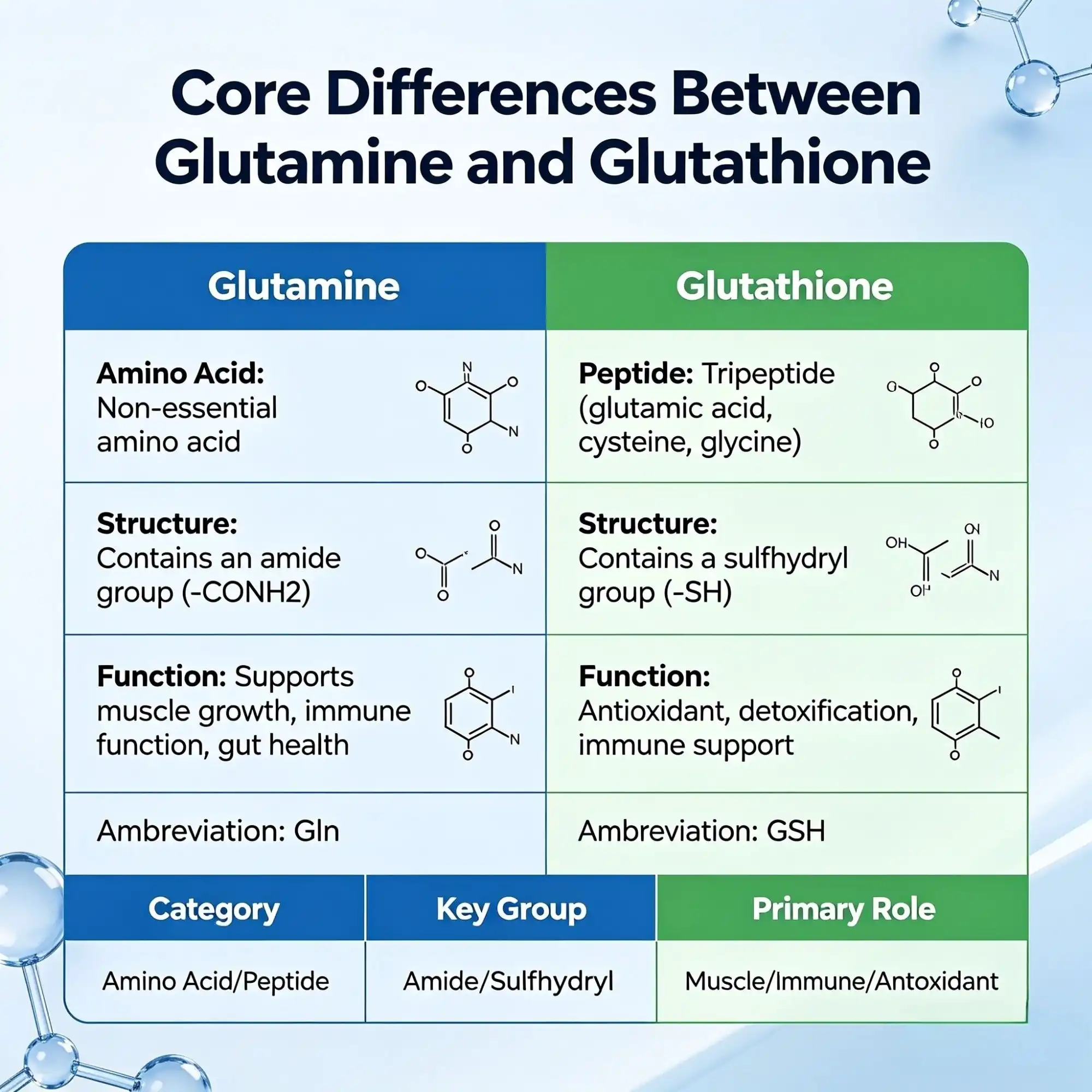 Core Differences Between Glutamine and Glutathione