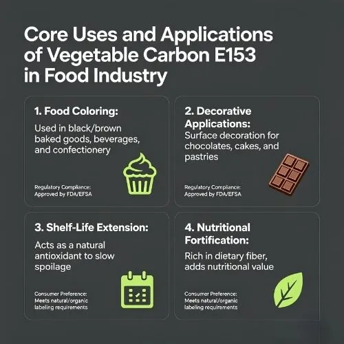Core Uses and Applications of Vegetable Carbon E153 in Food Industry Core Uses and Applications of Vegetable Carbon E153 in Food Industry